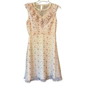 Avantlook Womens Small Cream Floral Print Ruffle Illusion V Neck Dress